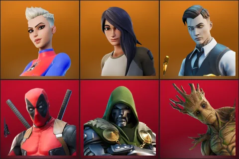Dynamo Dancer, Gear Specialist Maya, Midas, Deadpool, Doctor Doom, Groot