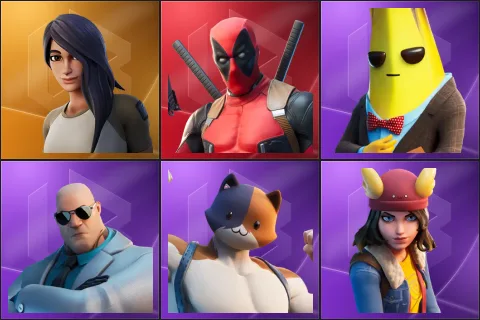 Gear Specialist Maya, Deadpool, Agent Peely, Brutus, Meowscles, Skye