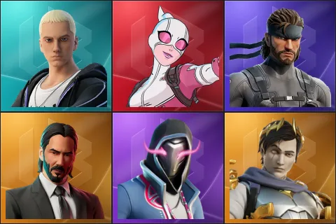 Slim Shady, Gwenpool, Solid Snake, John Wick, Xander, Ascendant Midas