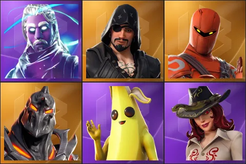 Galaxy, Blackheart, Hybrid, Ruin, Peely, Sidewinder