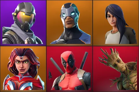 Rogue Agent, Carbide, Gear Specialist Maya, Valor, Deadpool, Groot
