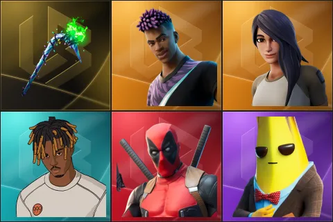 Merry Mint Axe, Fade, Gear Specialist Maya, Slayer Juice WRLD, Deadpool, Agent Peely