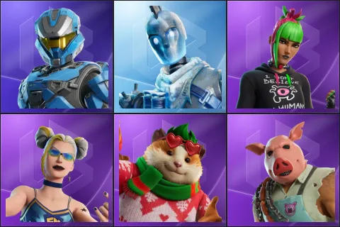 UNSC Spartan, Glacial Dummy, Bug Punk Sunny, Champion Surf Witch, Cheeks, Pig the Butcher