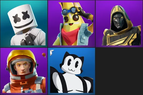 Marshmello, Adventure Peely, Blitz Knight, Mission Specialist, Toon Meowscles