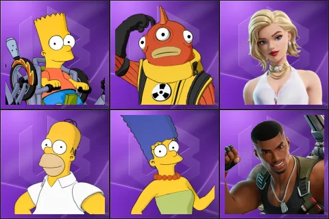 Bart Simpson, Blinky Fishstick, Cat Holloway, Homer Simpson, Marge Simpson, Miles Cross