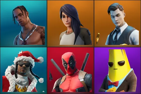 Travis Scott, Gear Specialist Maya, Midas, Santa Dogg, Deadpool, Agent Peely