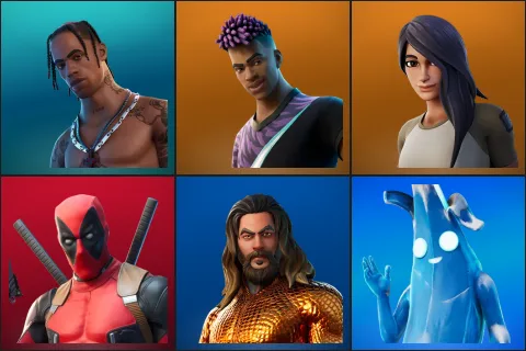 Travis Scott, Fade, Gear Specialist Maya, Deadpool, Aquaman, Polar Peely
