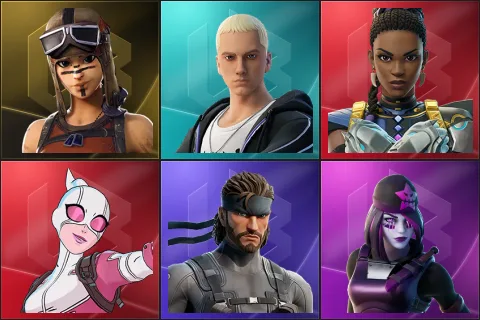 Renegade Raider, Slim Shady, Shuri, Gwenpool, Solid Snake, Dark Skully
