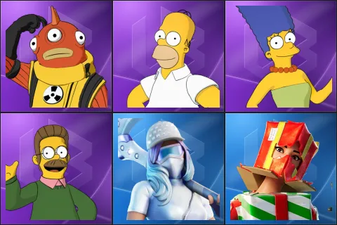 Blinky Fishstick, Homer Simpson, Marge Simpson, Ned Flanders, Diamond Diva, Holiday Boxy
