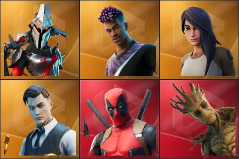 Eternal Knight, Fade, Gear Specialist Maya, Midas, Deadpool, Groot