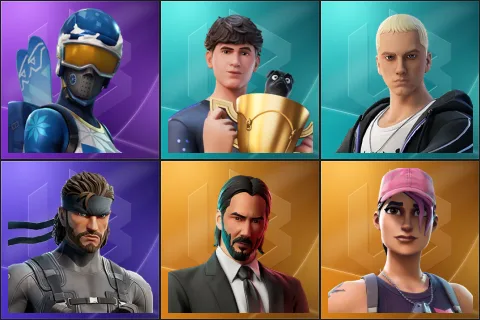 Mogul Master, Bugha, Slim Shady, Solid Snake, John Wick, Rose Team Leader