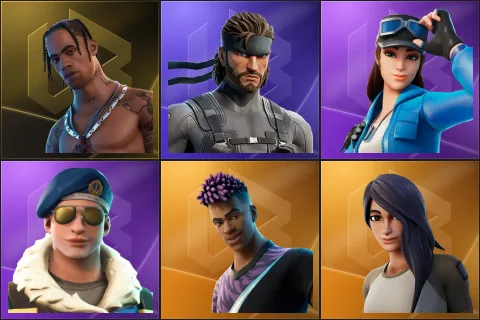 Travis Scott, Solid Snake, Cloud Striker, Royale Bomber, Fade, Gear Specialist Maya