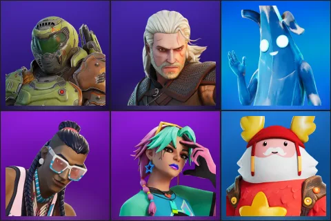 Doom Slayer, Geralt of Rivia, Polar Peely, Massai, Selene, Guff Gringle