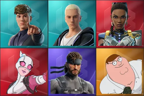 Clix, Slim Shady, Shuri, Gwenpool, Solid Snake, Peter Griffin