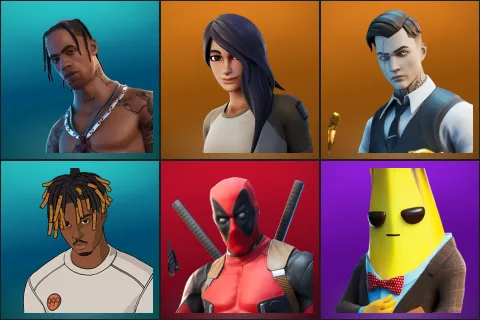 Travis Scott, Gear Specialist Maya, Midas, Slayer Juice WRLD, Deadpool, Agent Peely