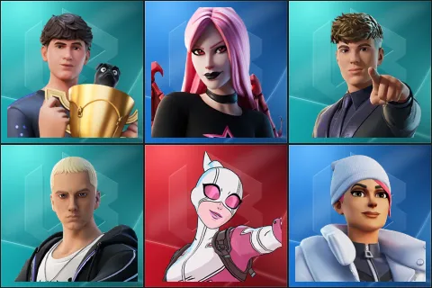 Bugha, Haze, Clix, Slim Shady, Gwenpool, Blizzard Bomber
