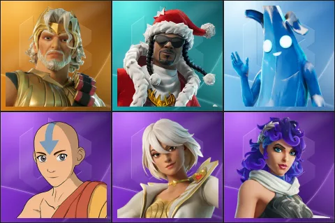 Zeus, Santa Dogg, Polar Peely, Aang, Aphrodite, Artemis