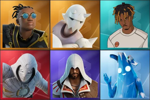 Malik, Snap, Slayer Juice WRLD, Moon Knight, Ezio Auditore, Polar Peely