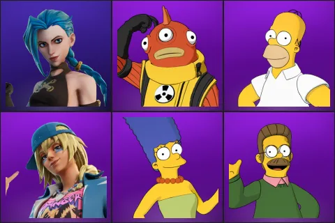 Arcane Jinx, Blinky Fishstick, Homer Simpson, Malibu, Marge Simpson, Ned Flanders