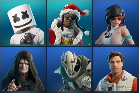Marshmello, Santa Dogg, Apprentice Evie, Emperor Palpatine, General Grievous, Poe Dameron