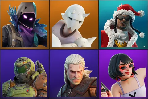 Raven, Snap, Santa Dogg, Doom Slayer, Geralt of Rivia, Evie