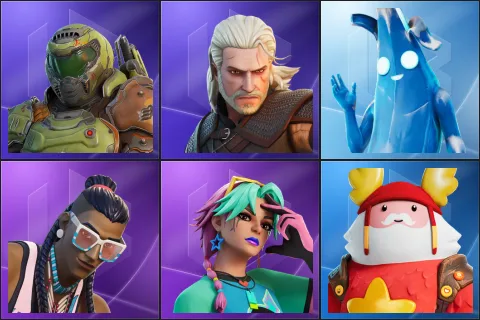 Doom Slayer, Geralt of Rivia, Polar Peely, Massai, Selene, Guff Gringle