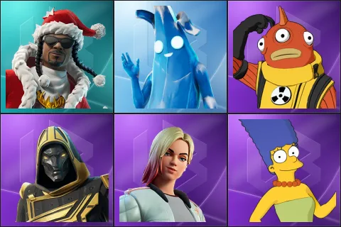 Santa Dogg, Polar Peely, Blinky Fishstick, Blitz Knight, Jackie, Marge Simpson