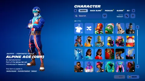 Alpine Ace kostümlü Fortnite dolabı ekran görüntüsü