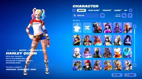 Harley Quinn kostümlü Fortnite dolabı ekran görüntüsü