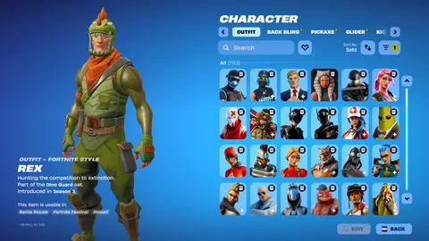 Rex kostümlü Fortnite dolabı ekran görüntüsü